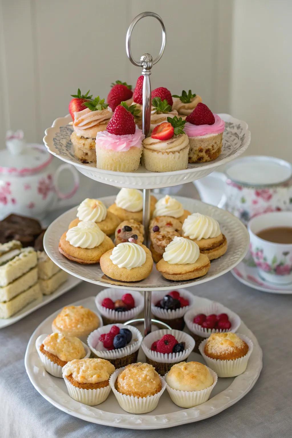 A tiered cake stand elegantly displays assorted pastries.