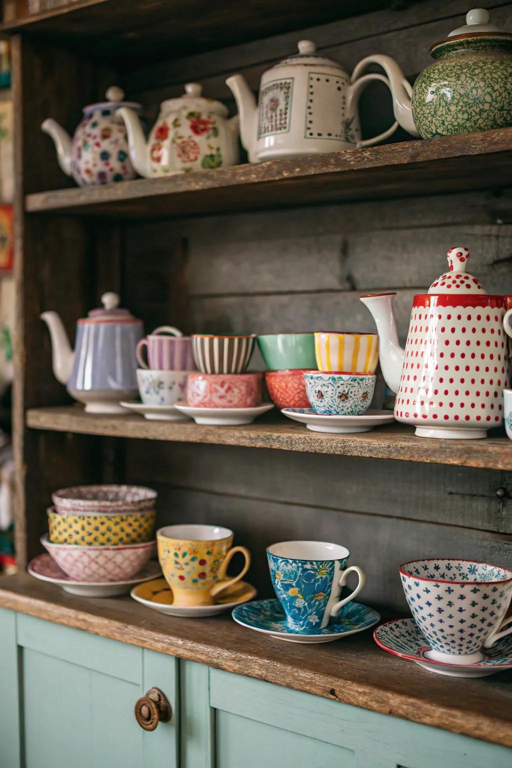A varied assortment of tea sets for a vibrant and playful presentation.