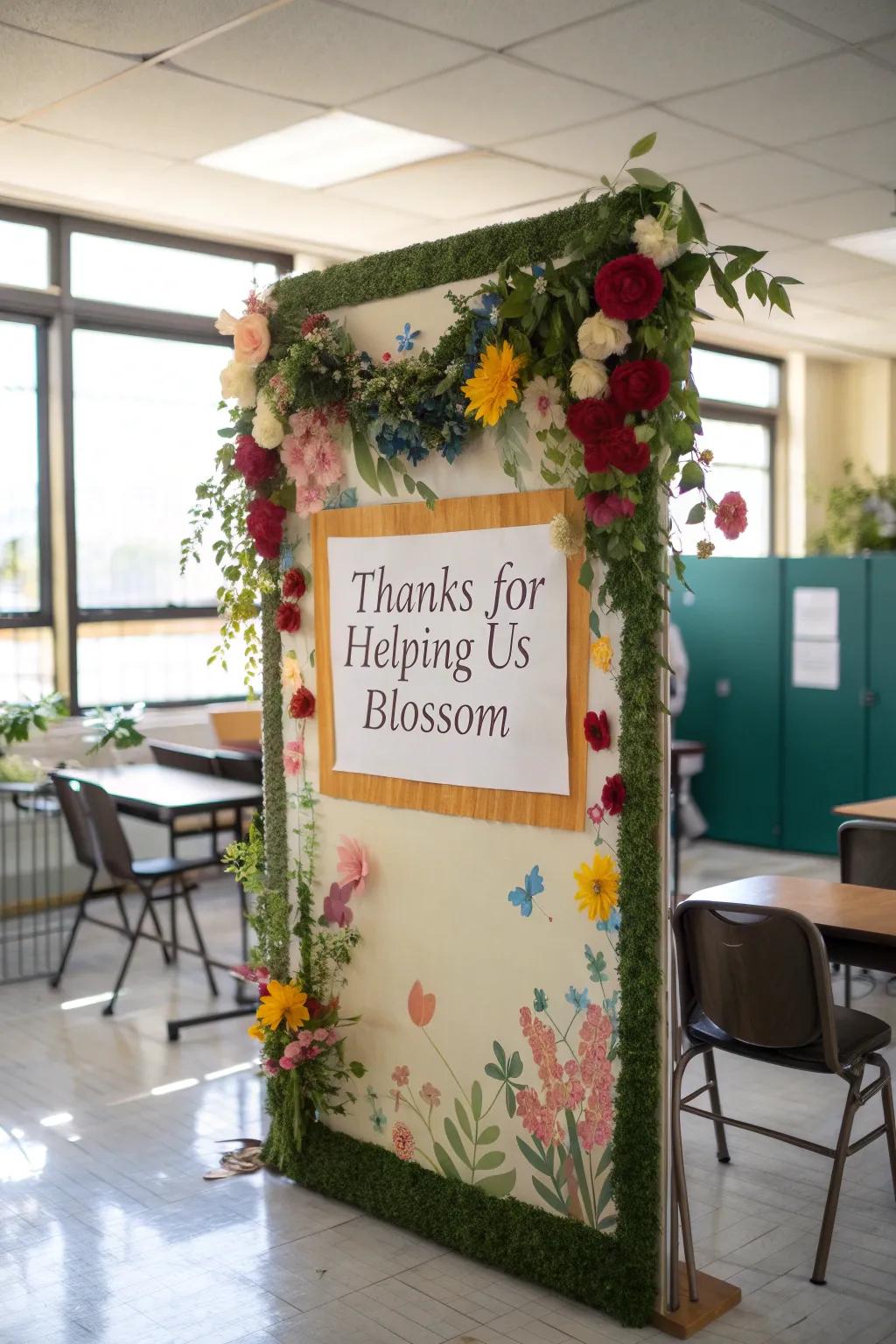 A floral-themed board expressing thanks to teachers for fostering student growth.