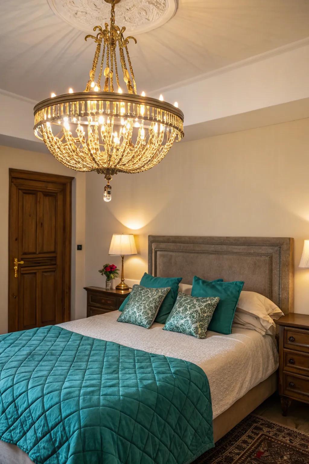 A gilded chandelier incorporates a hint of glamour to this azure and gilded bedroom.