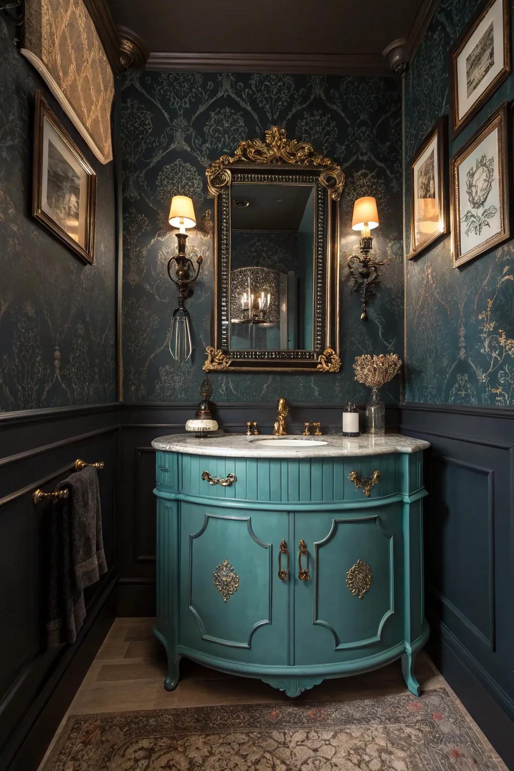 Make your vanity the star with a vintage aquatic green piece.