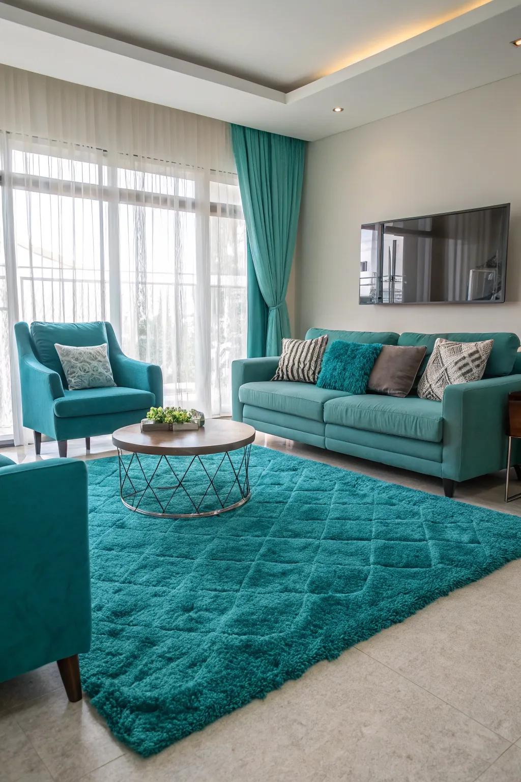 An azure floor covering incorporates surface feel and tone, grounding this fashionable family room.