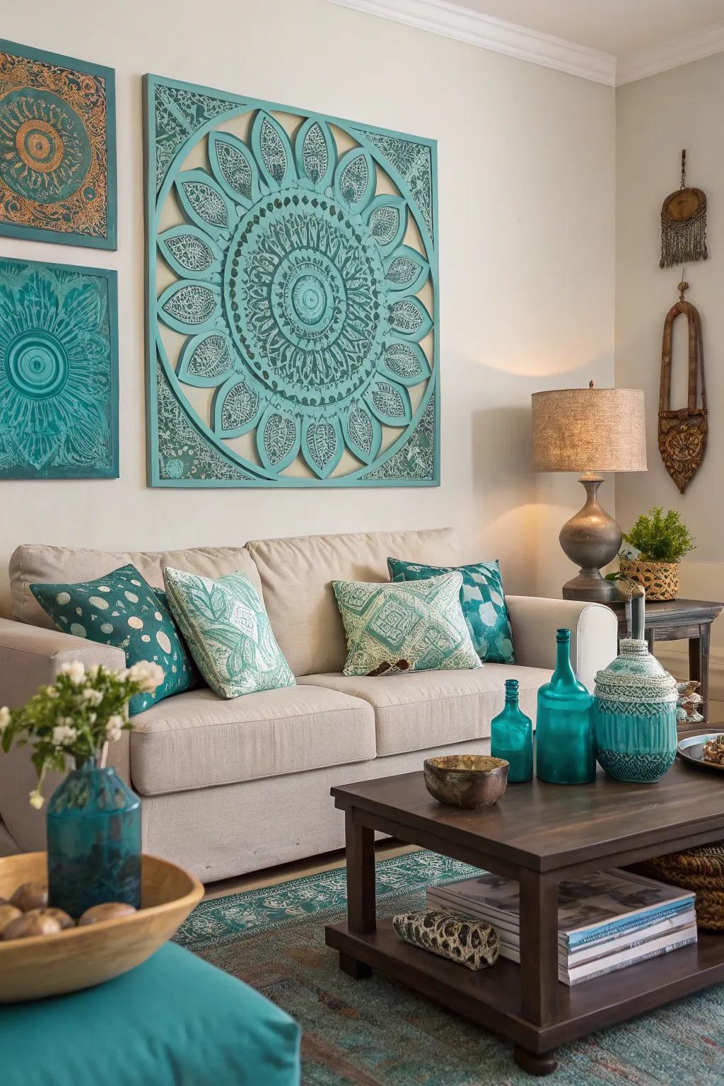 Teal and turquoise art enlivens the room's color scheme.