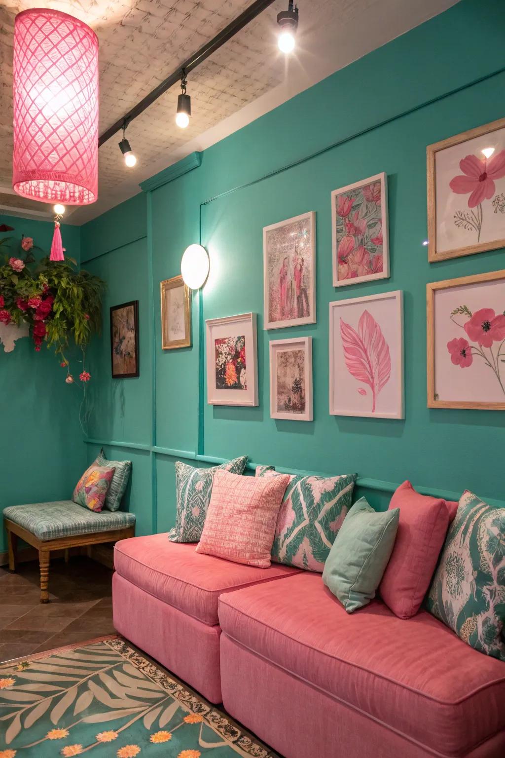 Teal walls complemented by playful pink accents for a vibrant atmosphere.