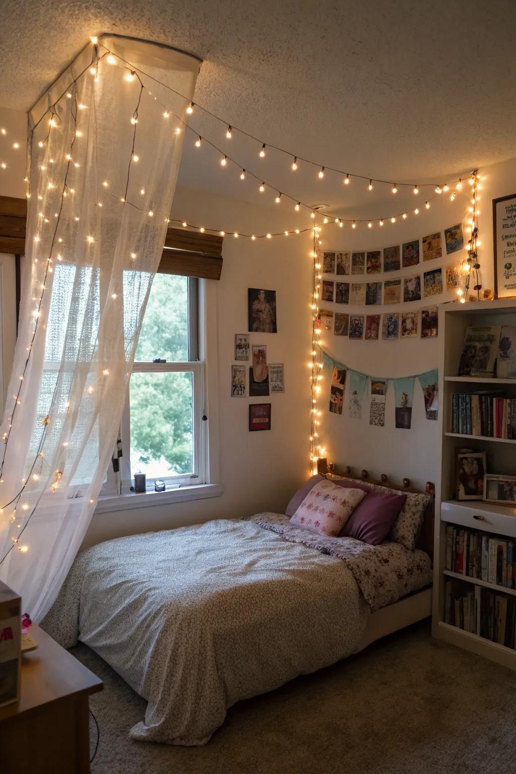String lights bring a magical vibe to this inviting teenage girl's bedroom.