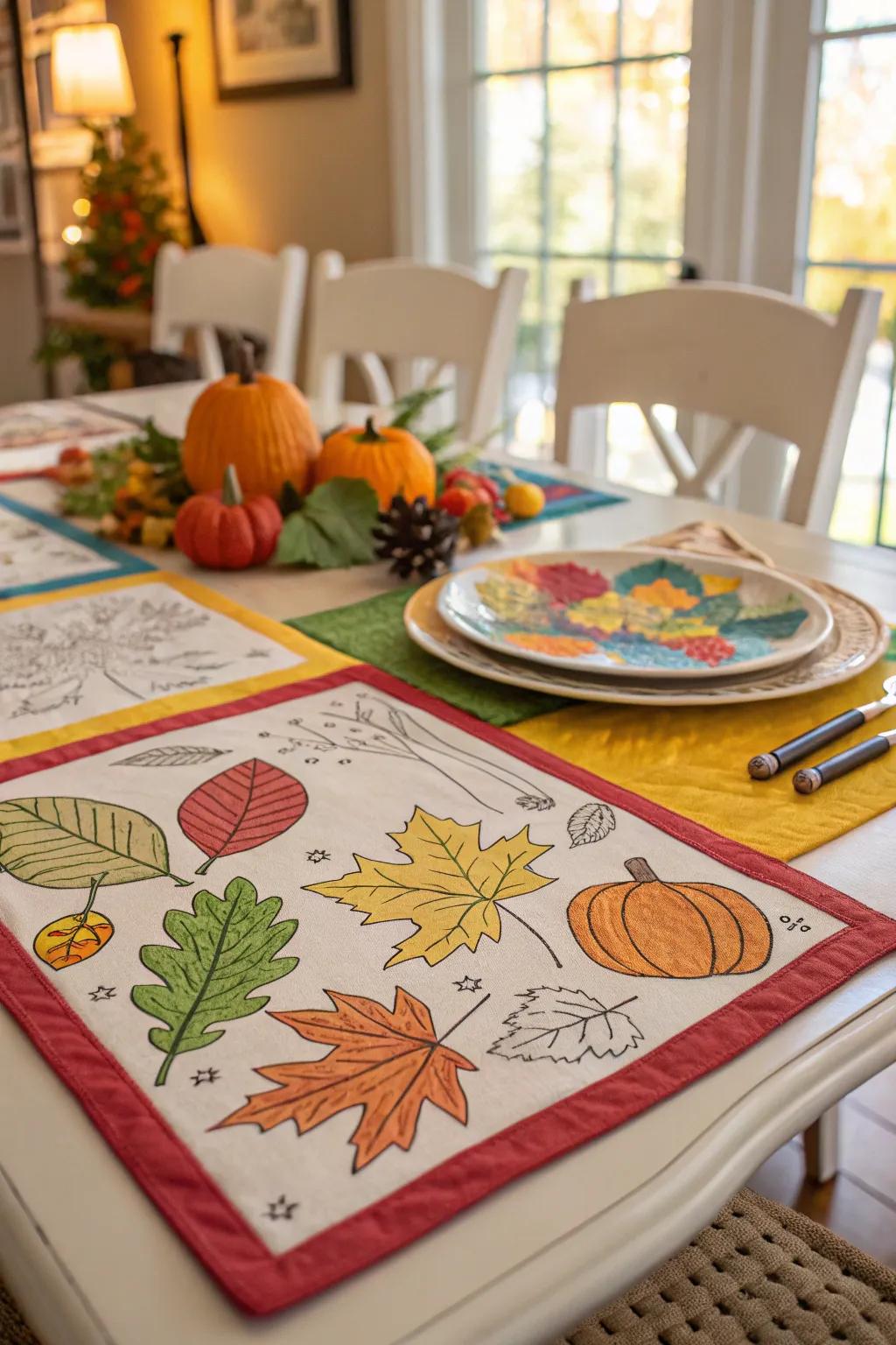 Handcrafted Thanksgiving dining mats lending a personalized flourish to the dinner tableau.