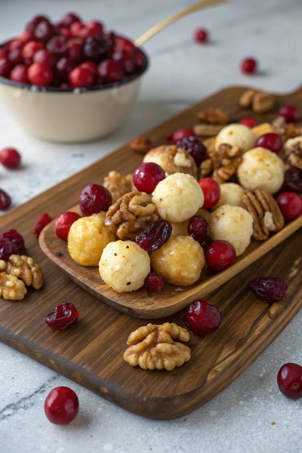 Cranberry and walnut cheese delight enhanced with festive nuances.