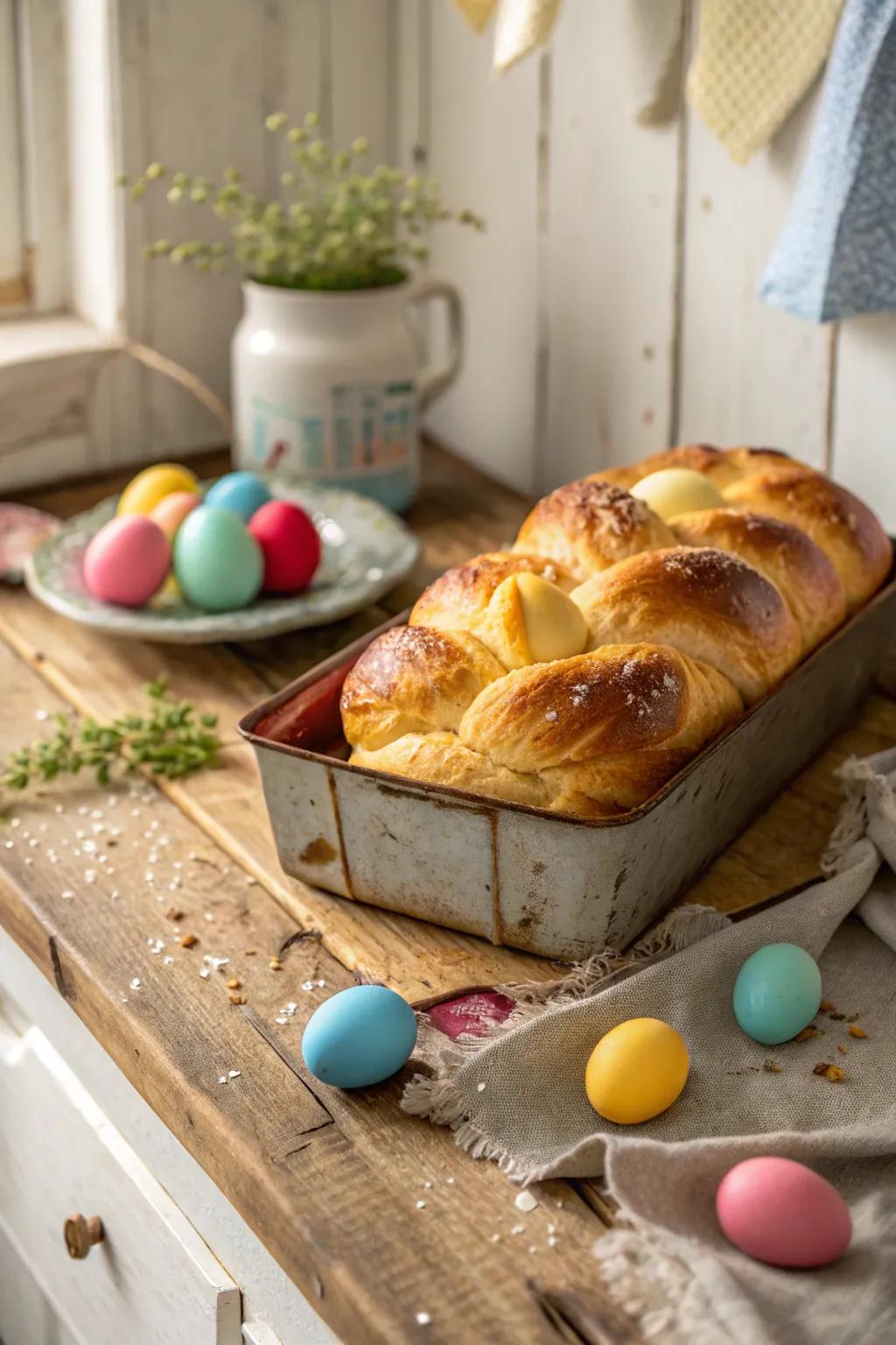 Handmade plaited Easter loaf, straight from the oven.