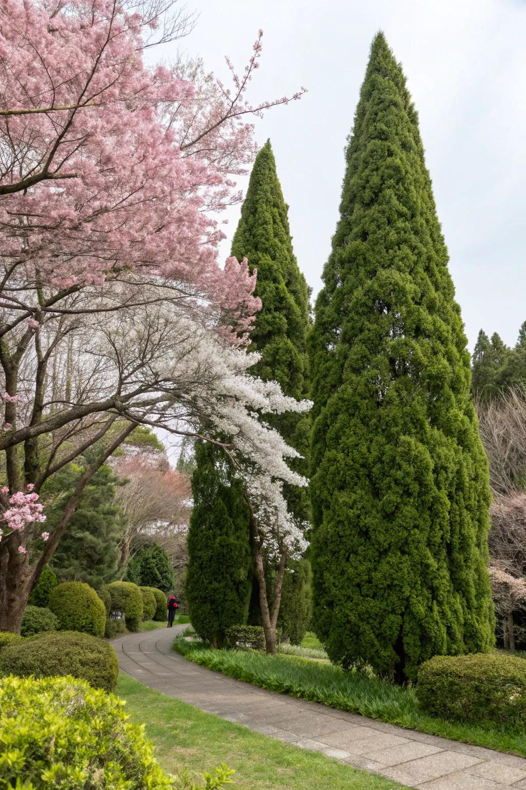 Establish a captivating contrast by pairing Evergreens with flowering cherry trees.