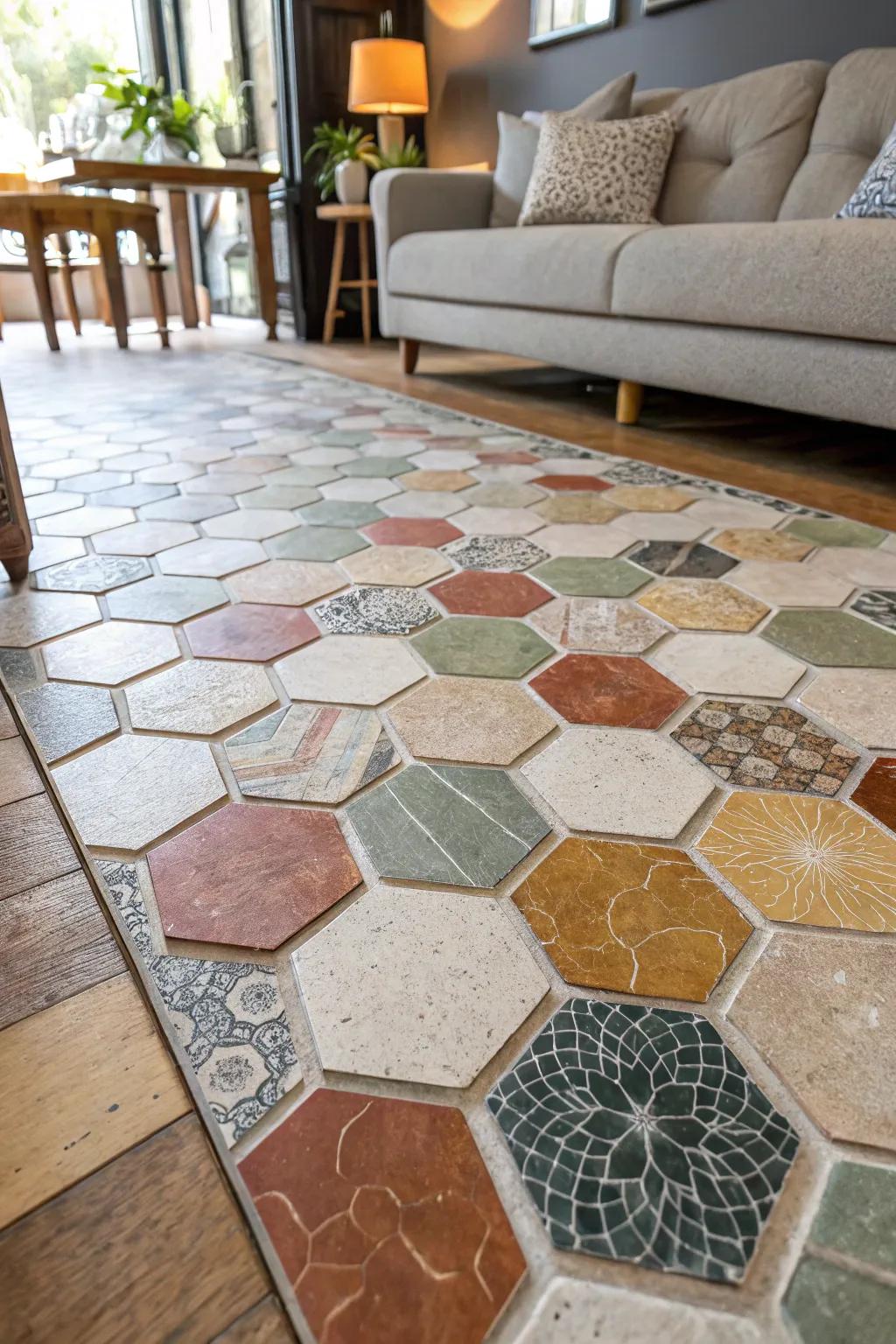 A playful blend of hexagon paving slabs crafts a contemporary mosaic effect.