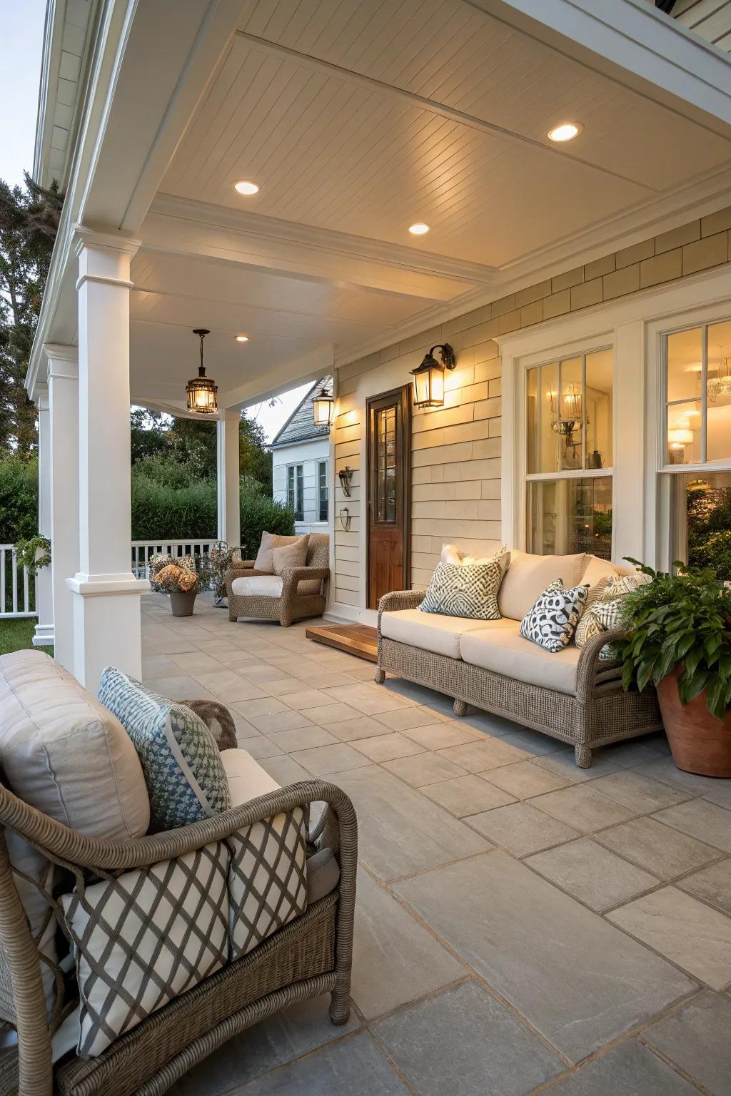 Light tiles and open layout render this porch ideal for unwinding and social gatherings.
