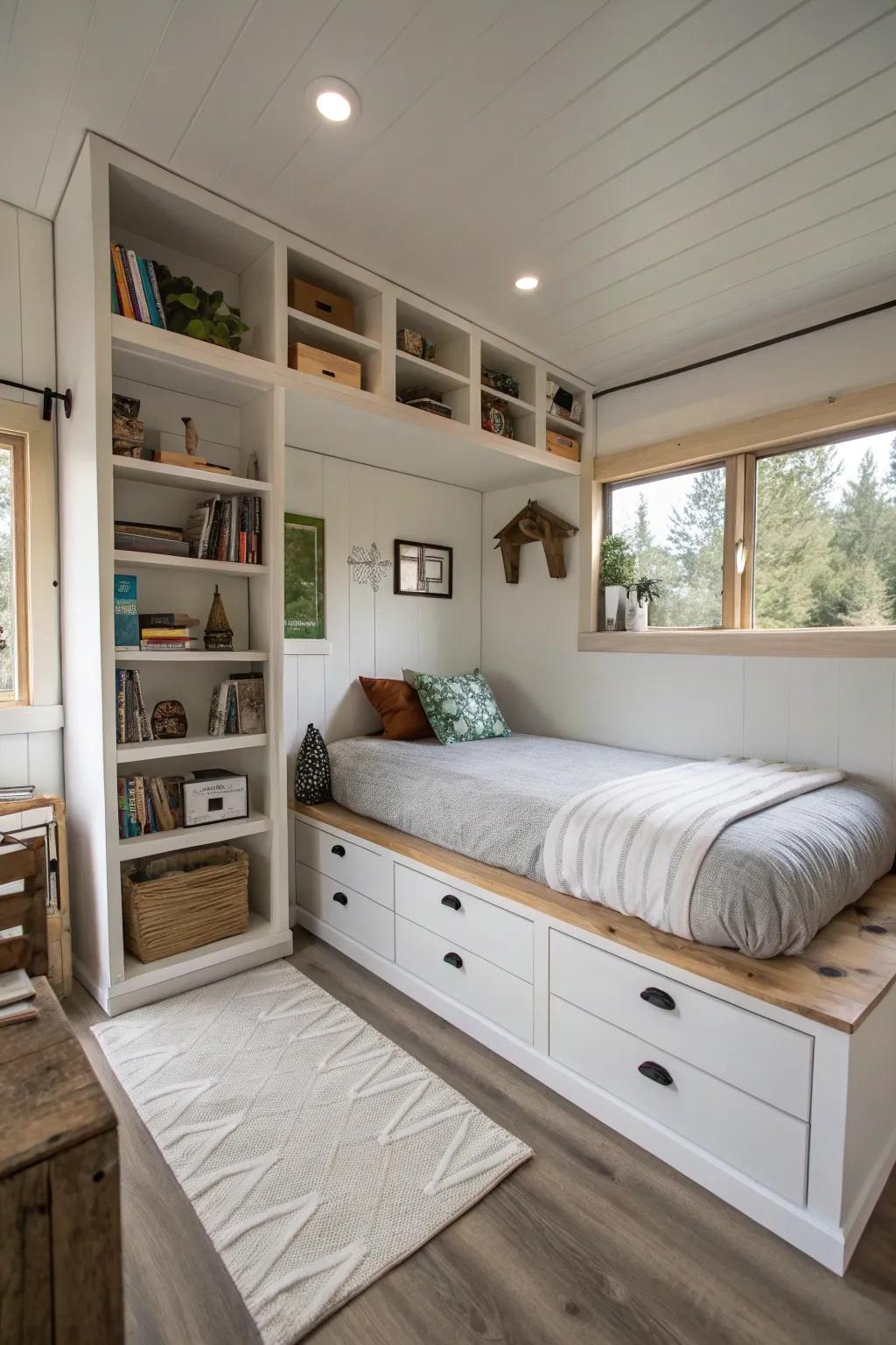 Smart storage solutions that are cleverly built into the bedroom design.