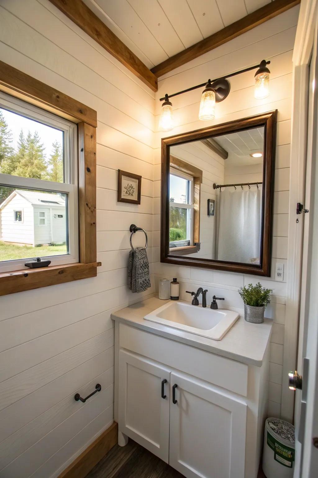 Mirrors visually expand the space in this tiny bathroom.