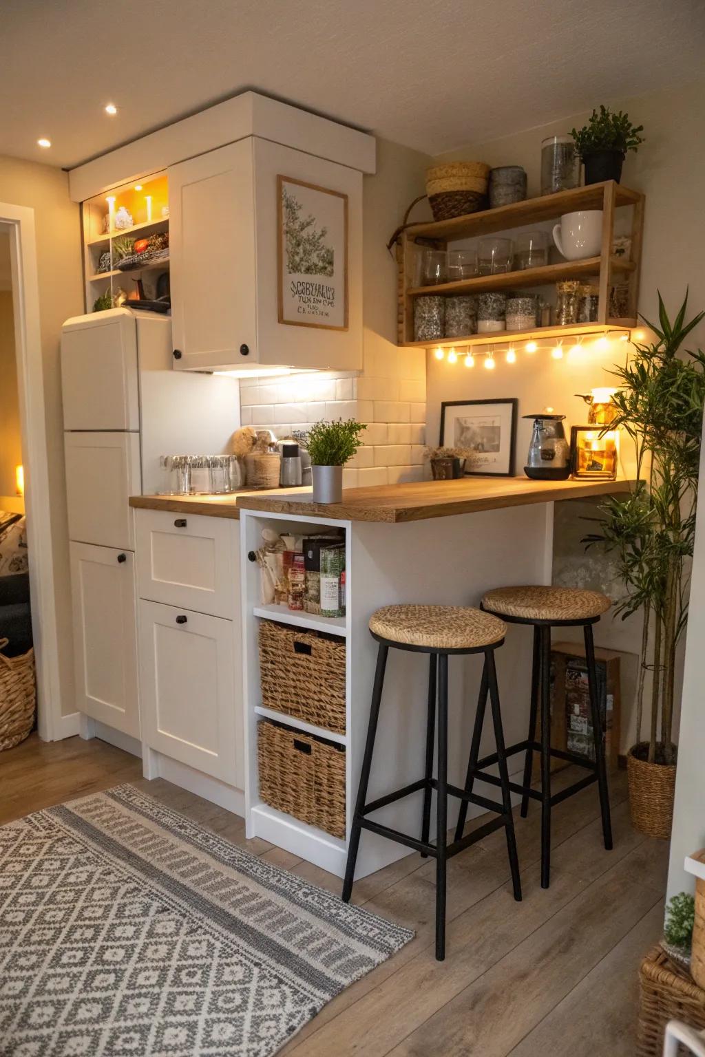 Multi-functional furniture maximizes space in a compact cooking space.