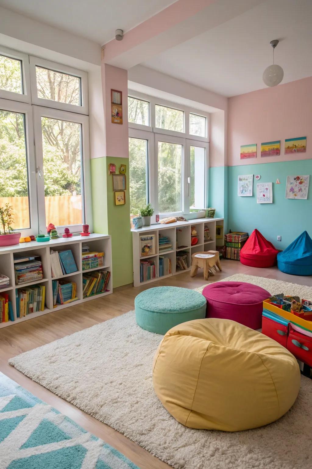 Gentle pads and rugs establish a secure and cozy play zone.