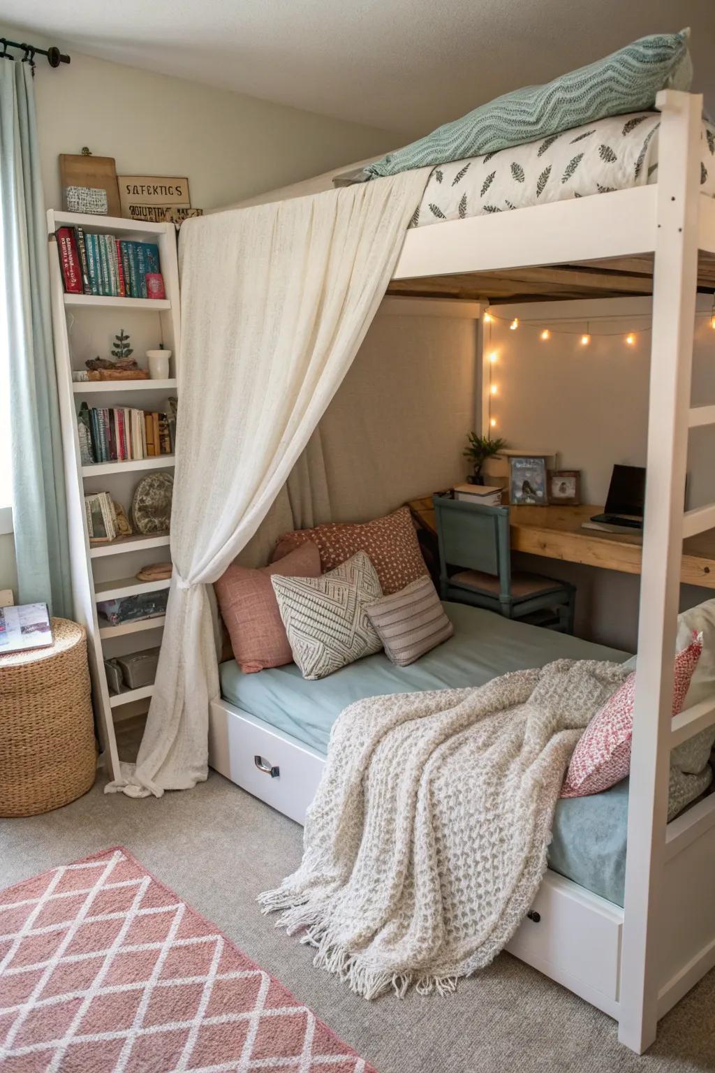 A snug reading corner atop the bunk is perfect for book enthusiasts.