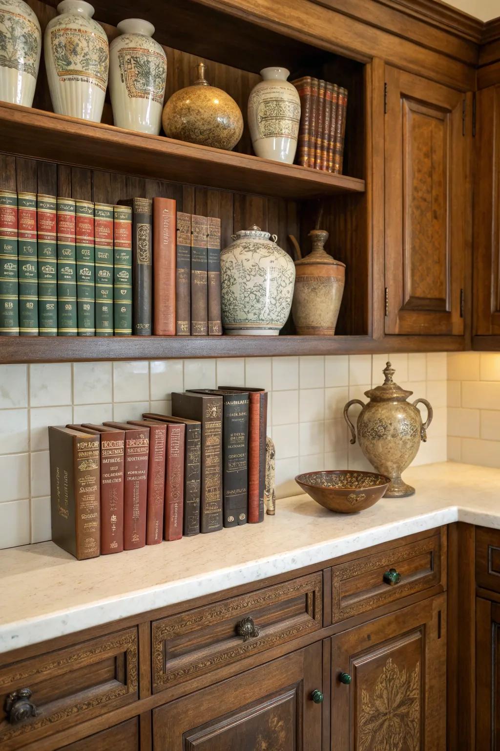 Evoke a nostalgic atmosphere with vintage finds atop your cabinets.