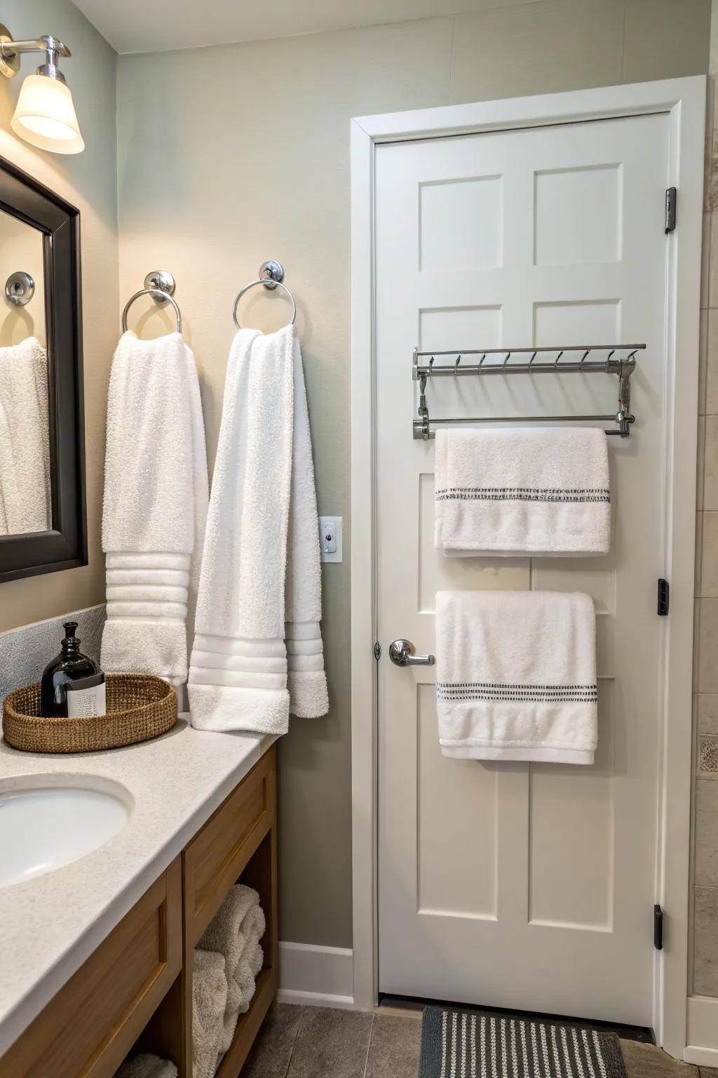 Take advantage of space with an over-the-door towel rack.