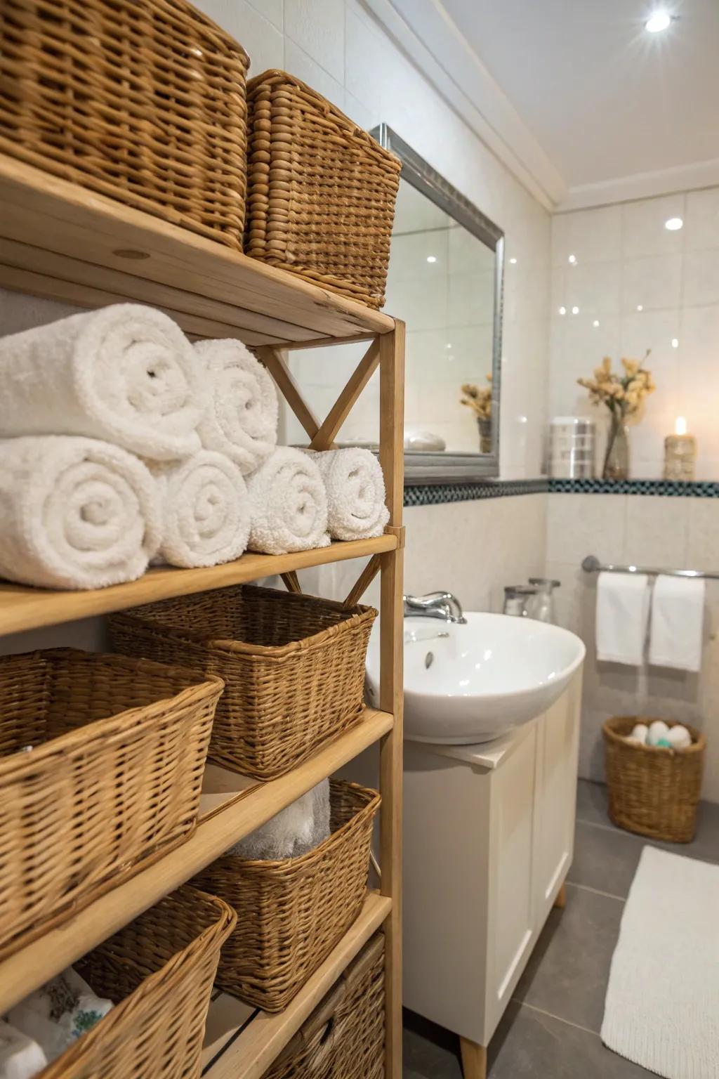 Baskets offer versatile and cozy storage options.