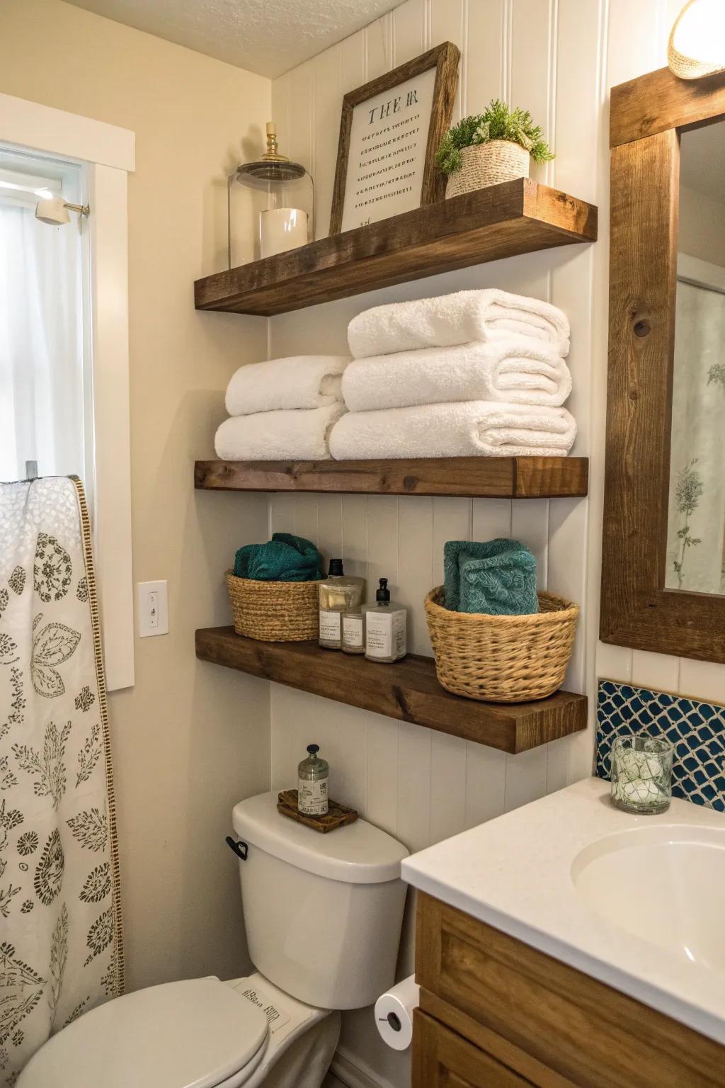 Floating shelves enhance both the storage and style of small bathrooms.