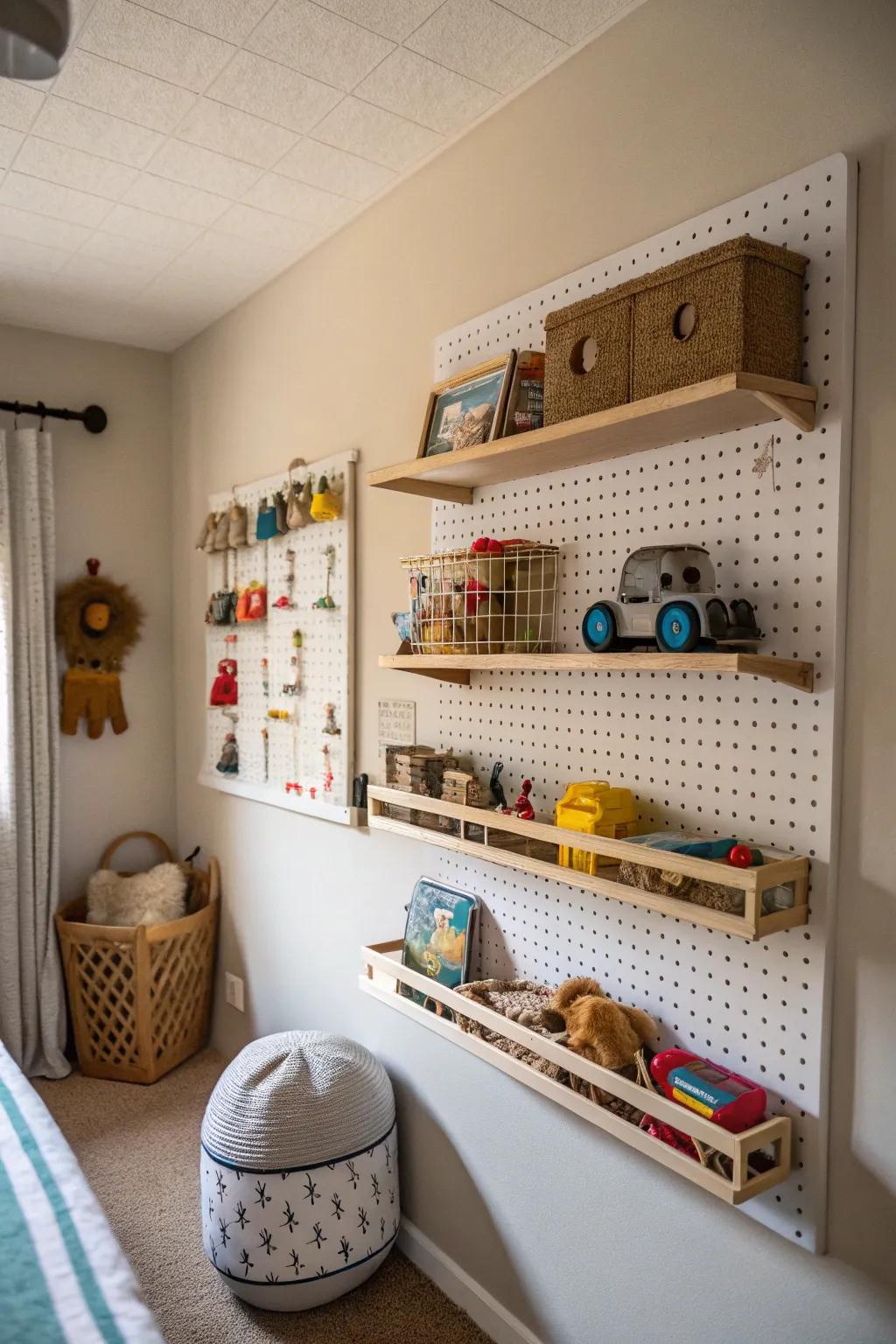 For toy storage, use wall space with shelves and pegboards.
