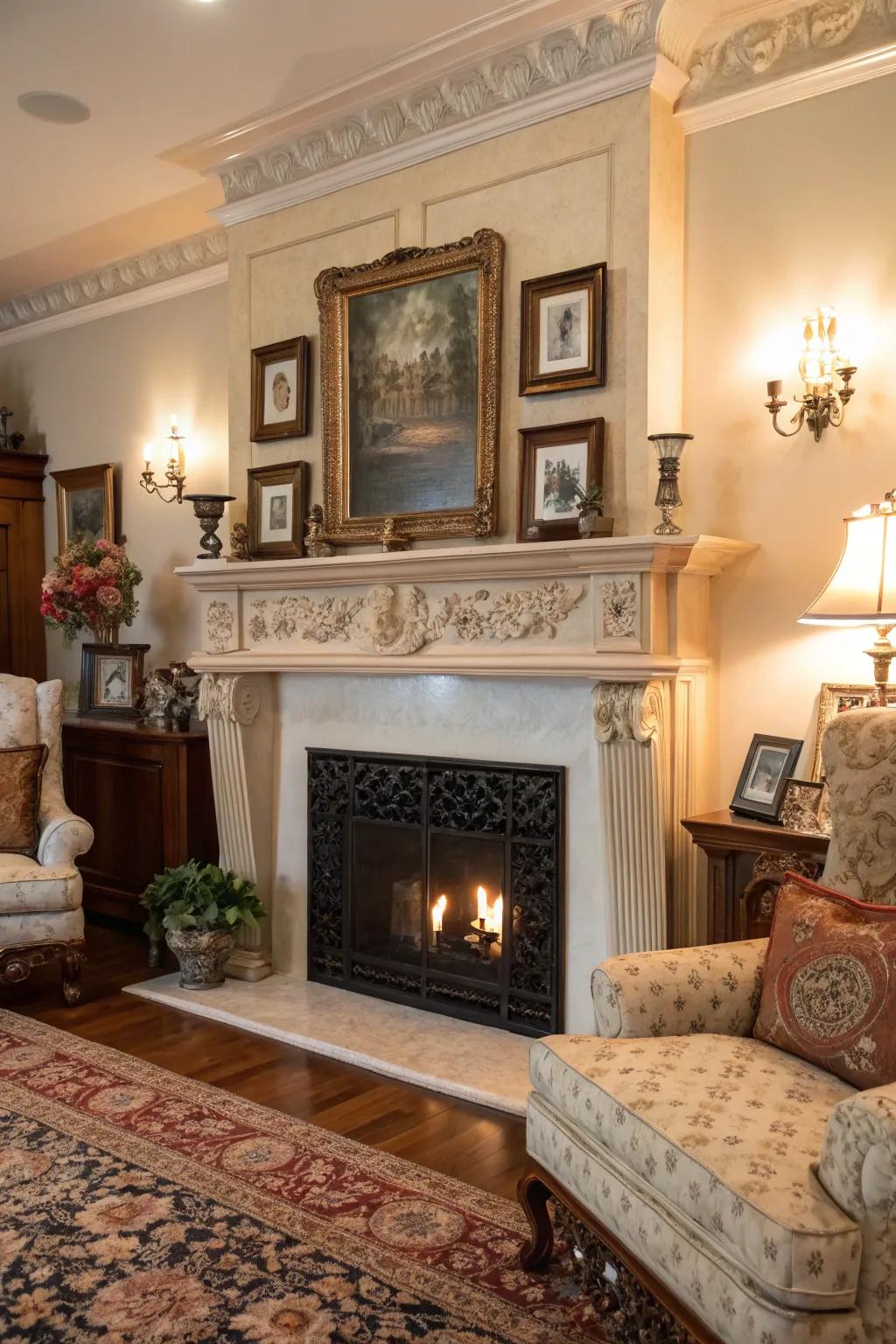 A detailed fireplace mantel serves as the focal point in this classic living room.