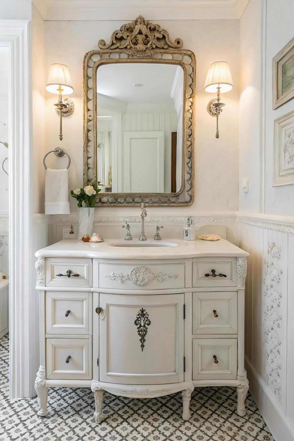 A white bathroom presenting captivating vintage features and a classic sink unit.