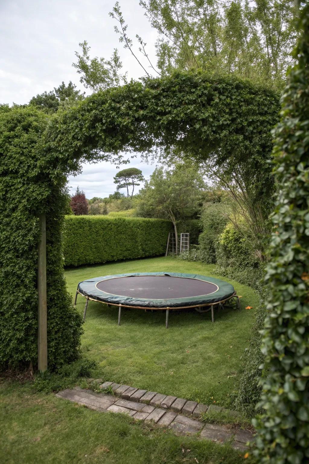 A natural safety perimeter of hedges surrounding a trampoline.