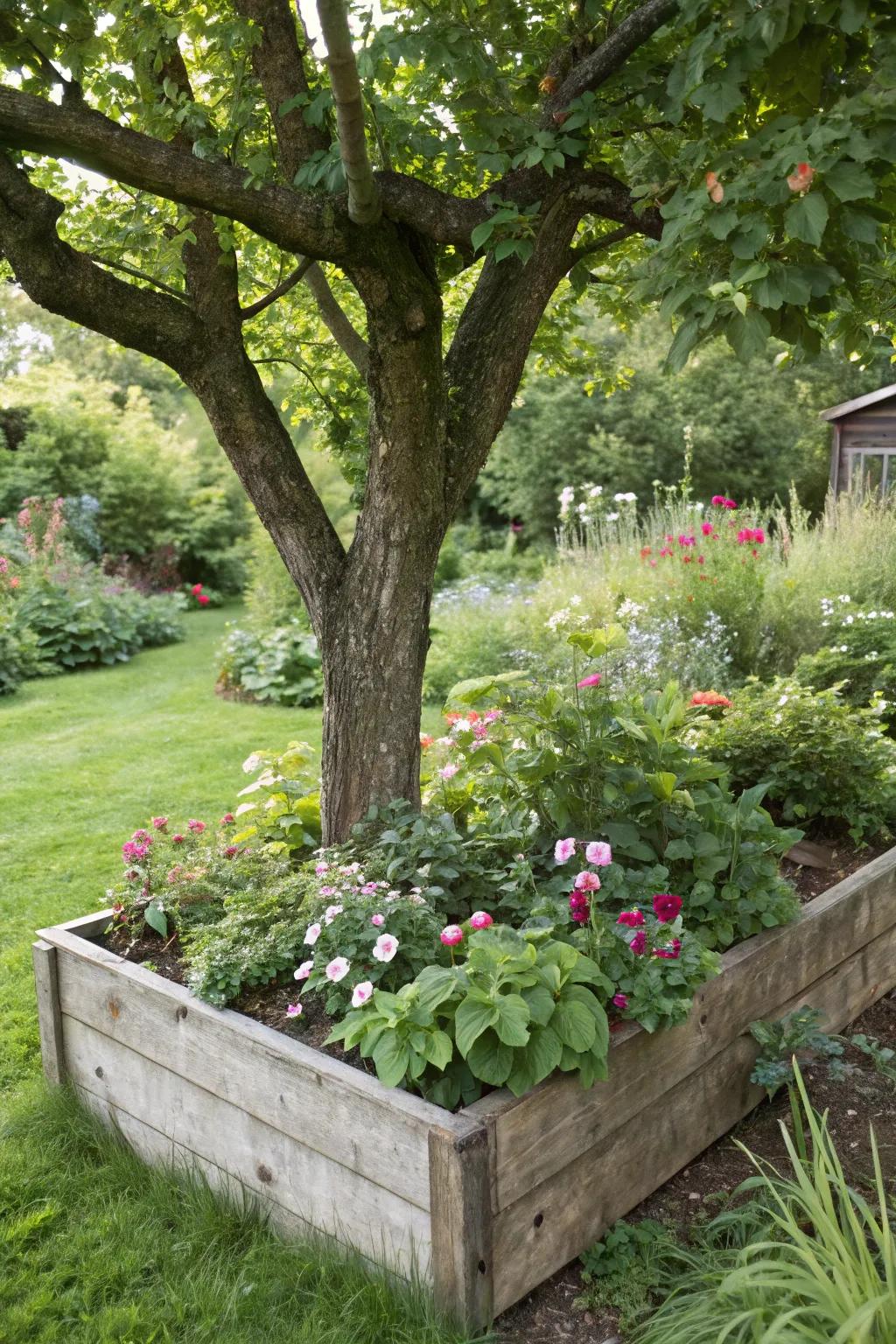 Raised beds deliver a structured semblance while protecting the tree roots.