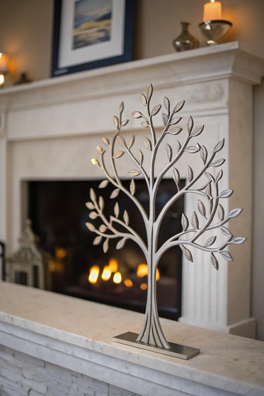 Simple metallic Arbor Vitae branch decoration over a fireplace.