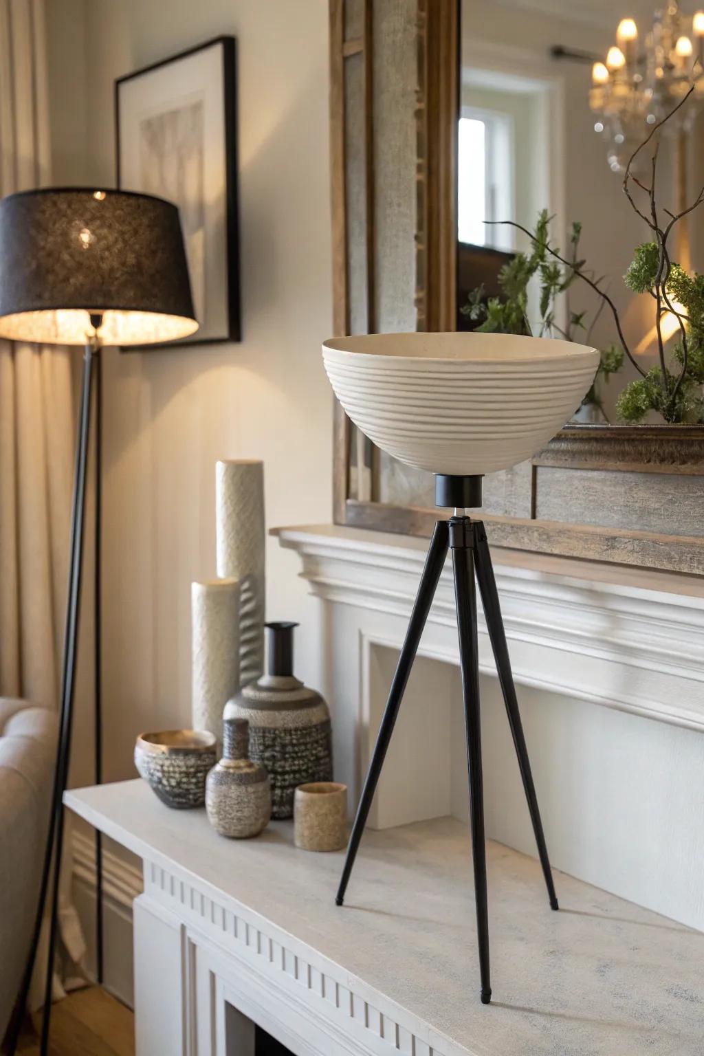 Distinctive forms in three-legged stands encapsulate artistic innovation.