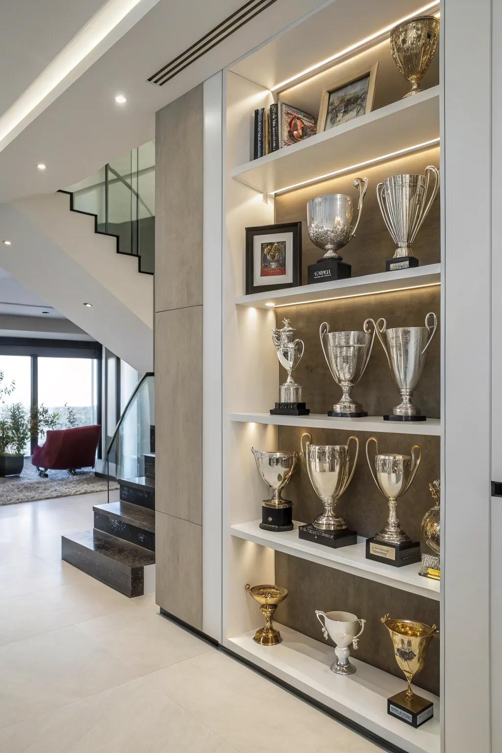 Multi-level shelving accommodating different-sized trophies