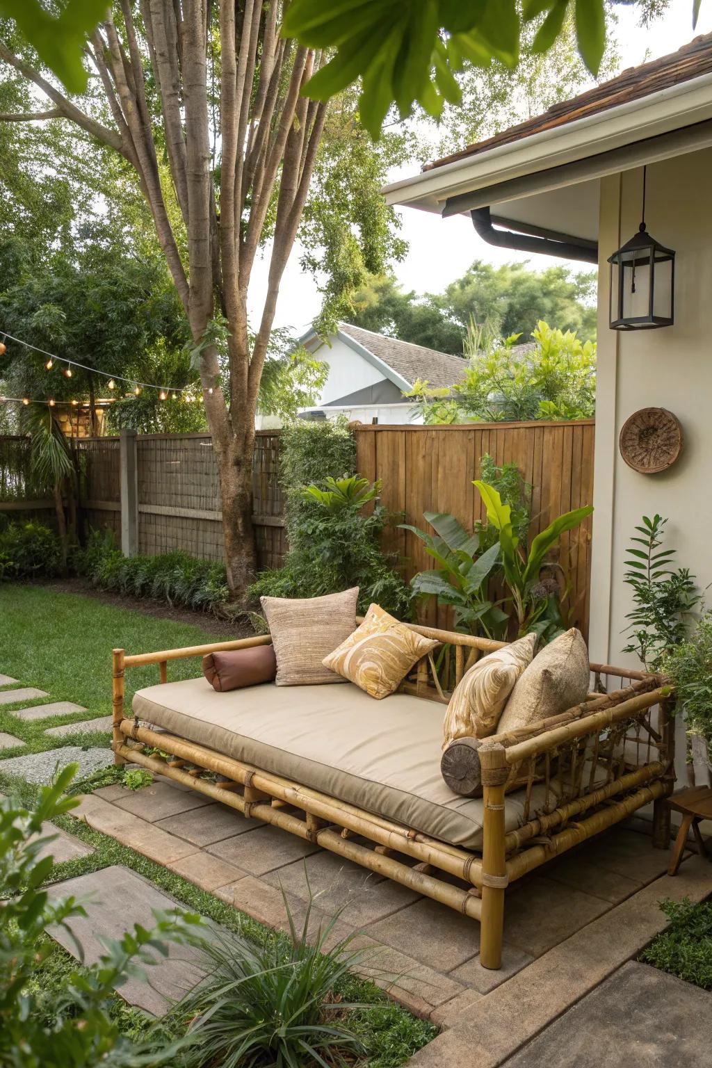 A bamboo daybed provides an ideal spot to unwind in your tropical sanctuary.