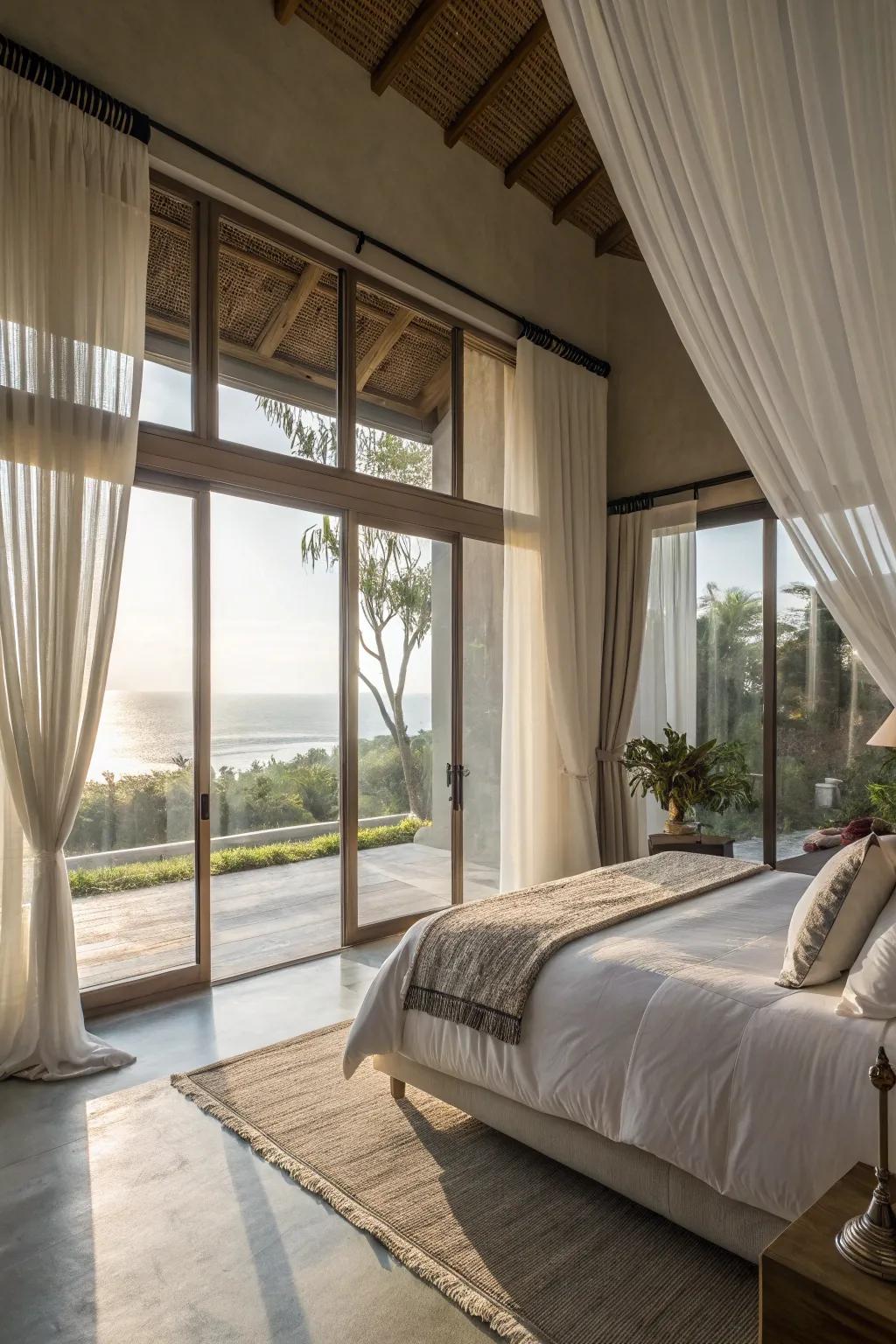 Sunlight floods the room, crafting an airy and tropical-inspired space.
