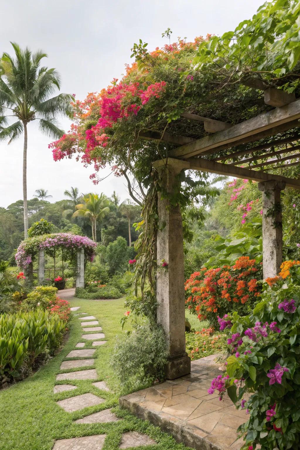 A pergola adorned with climbing plants creating a shaded, serene retreat.