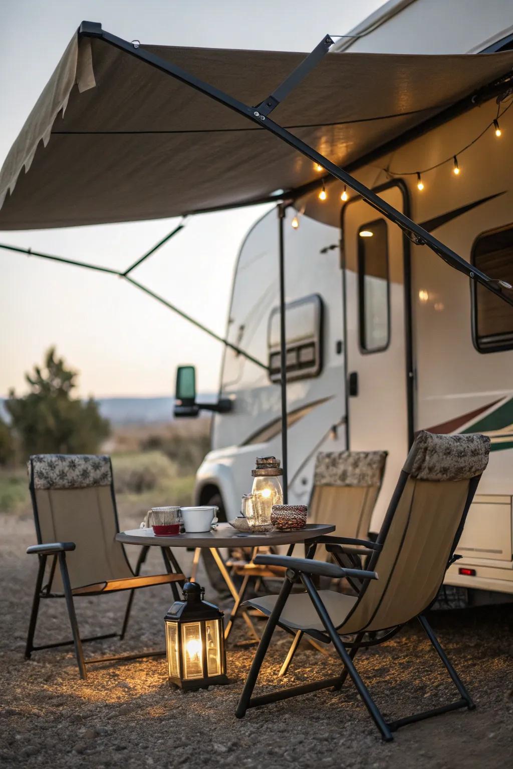Portable furniture enhancing comfort beneath a camper awning.