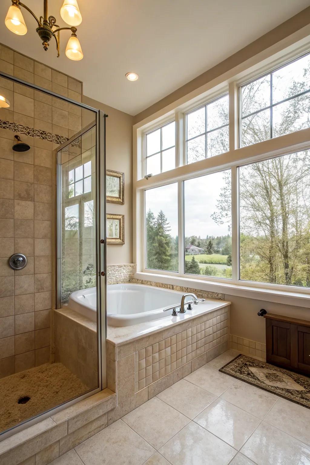 Sunshine cascades into a tub-in-shower zone, producing a cozy and inviting area.