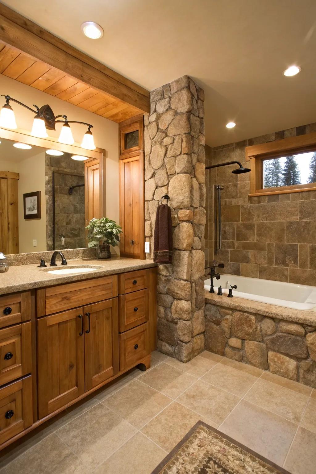 Timber accents and raw stone components fashion a welcoming, cozy bathroom.