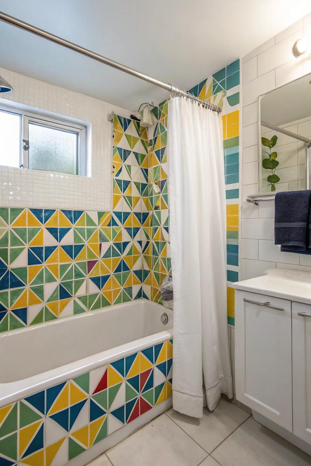 Distinctive tiles transform the tub shower combination into an artistic feature.