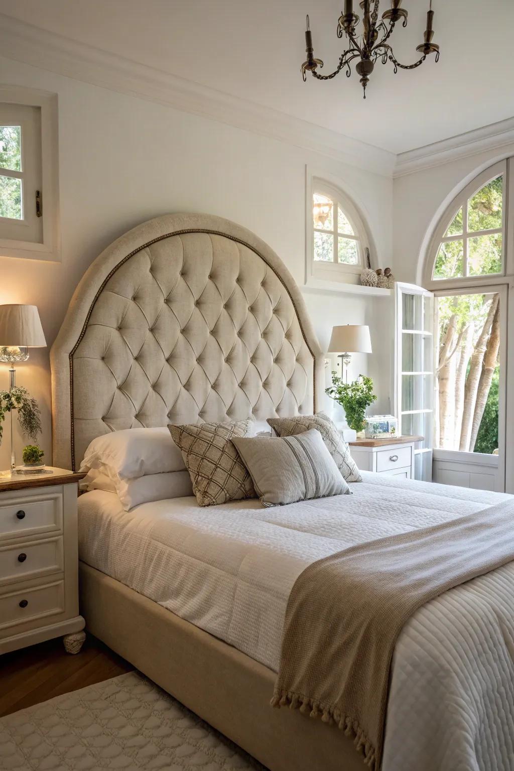 A romantic bedroom highlights a curved tufted headboard.