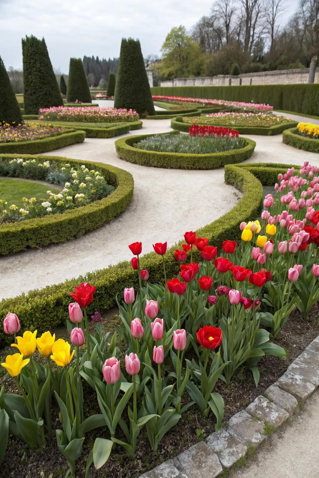 A formal garden layout with tulips arranged symmetrically, showing elegance and order.