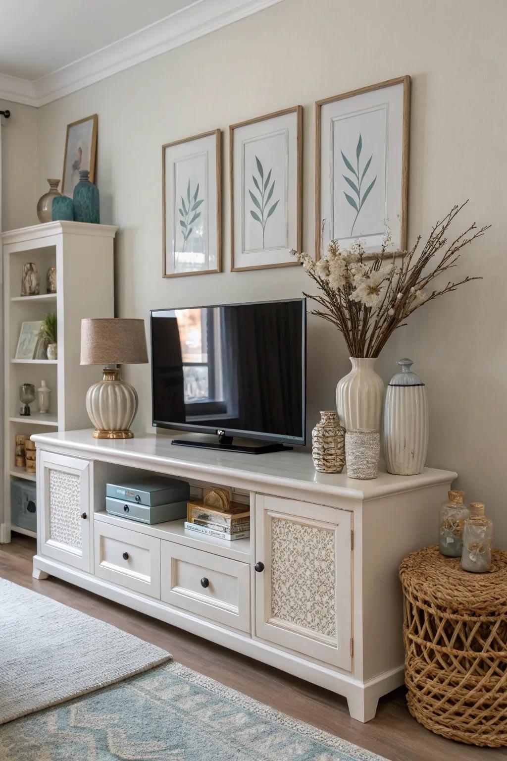 Color-coordinated decor creating harmony on a TV console.