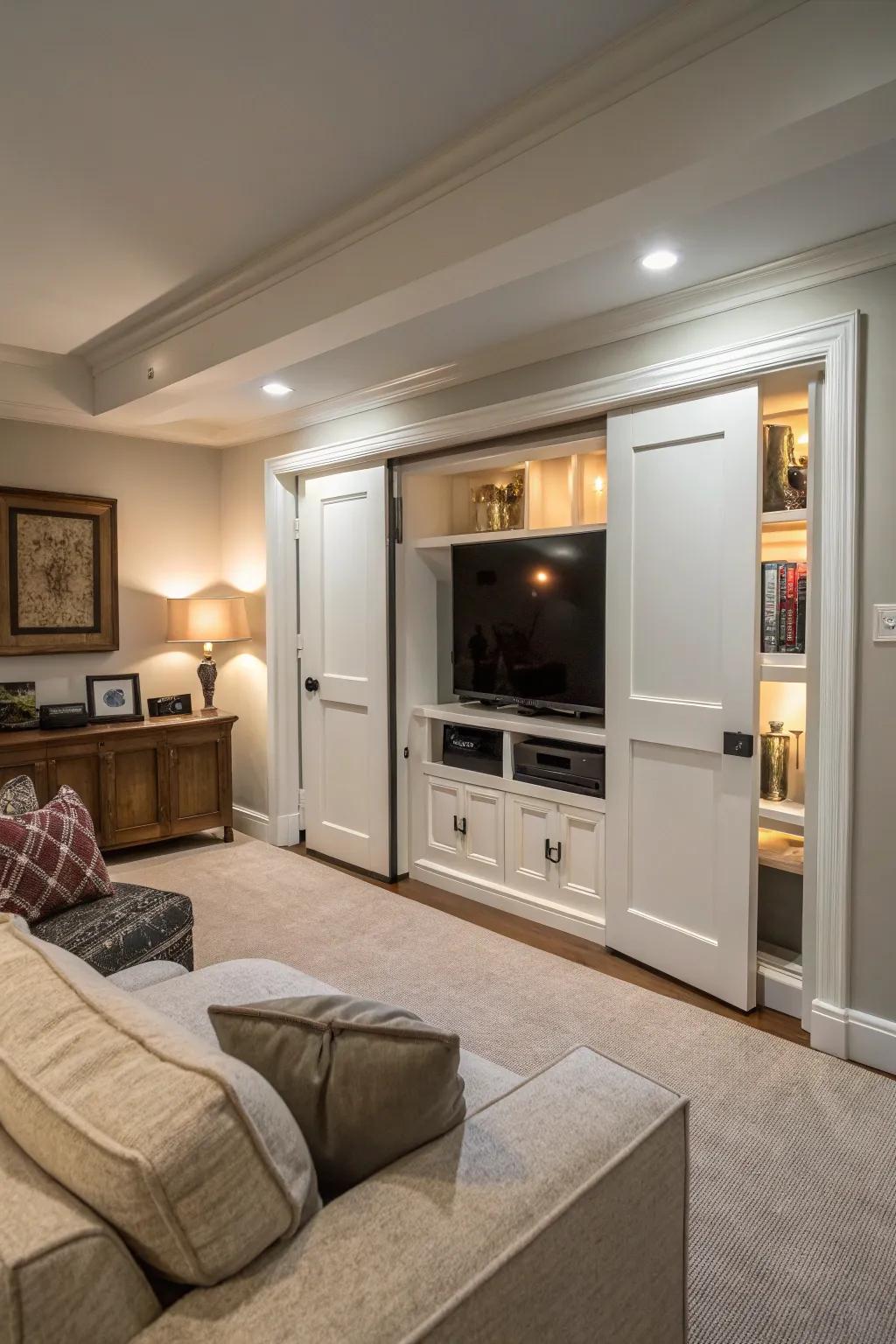 TV cleverly concealed behind matching cabinet panels.