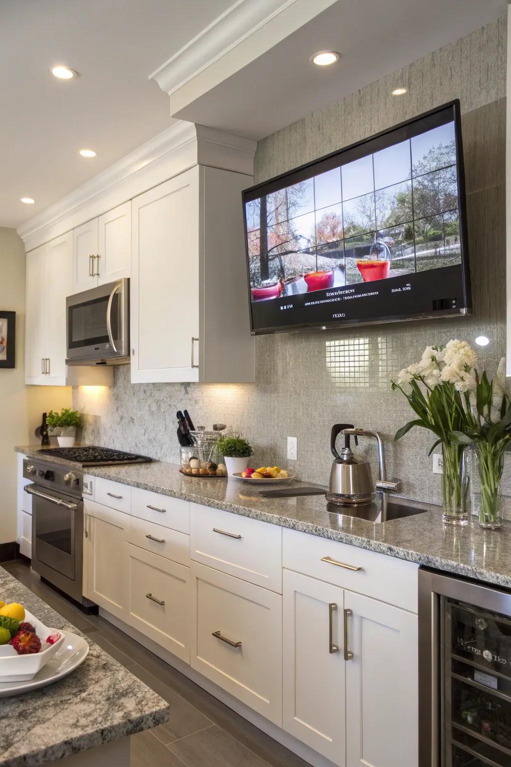 A wall-mounted TV in a kitchen, saving space and adding flair.