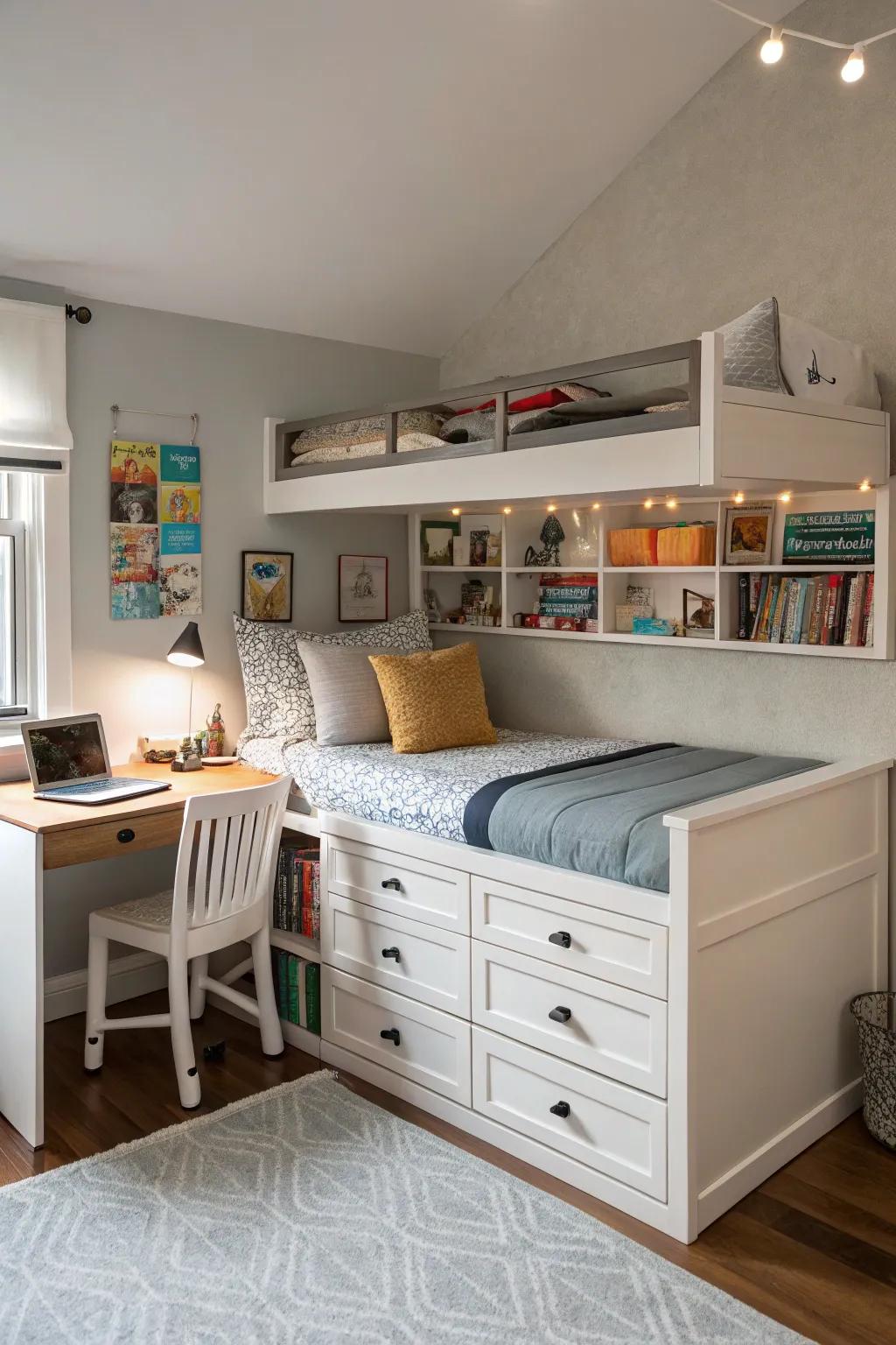 A room furnished with practical items, including a bed with storage and a multi-use desk.