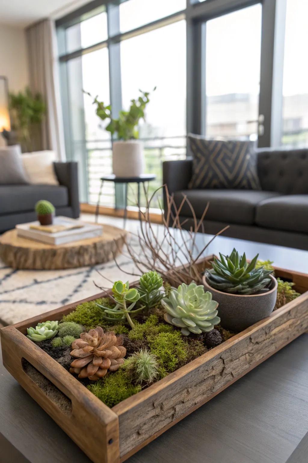 An eco-elegant arrangement of branches and dwarf evergreens.