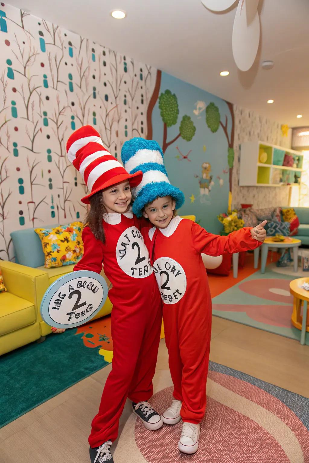 Double the mischief: twins as Thing 1 and Thing 2.