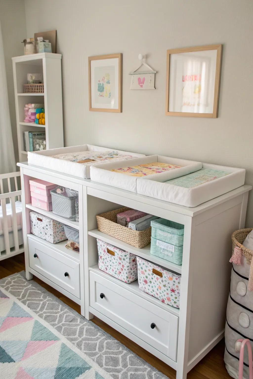 Dual-function furniture maintains the nursery's organization and efficiency.