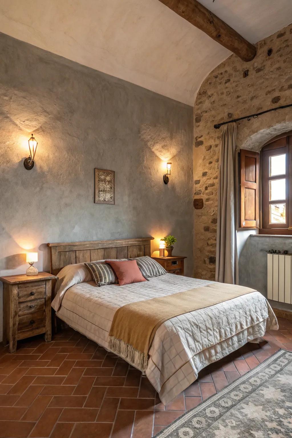 A snug bedroom featuring terracotta and light stone gray walls, radiating warmth and comfort.