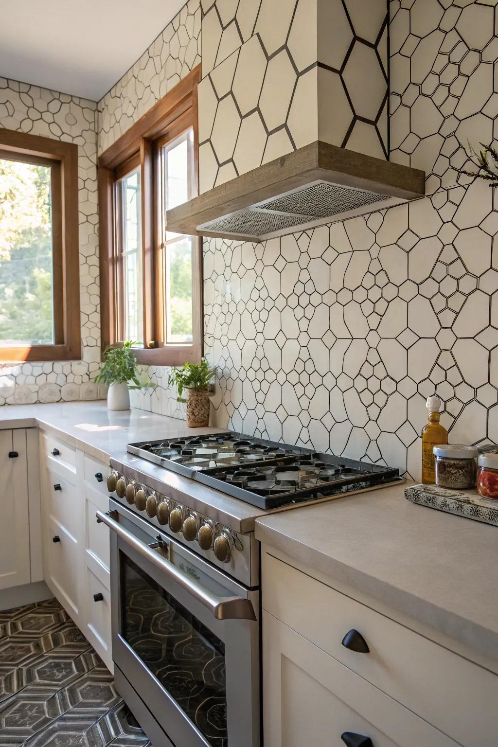 A kitchen exhibiting dynamic geometric arrangements for visual intrigue.
